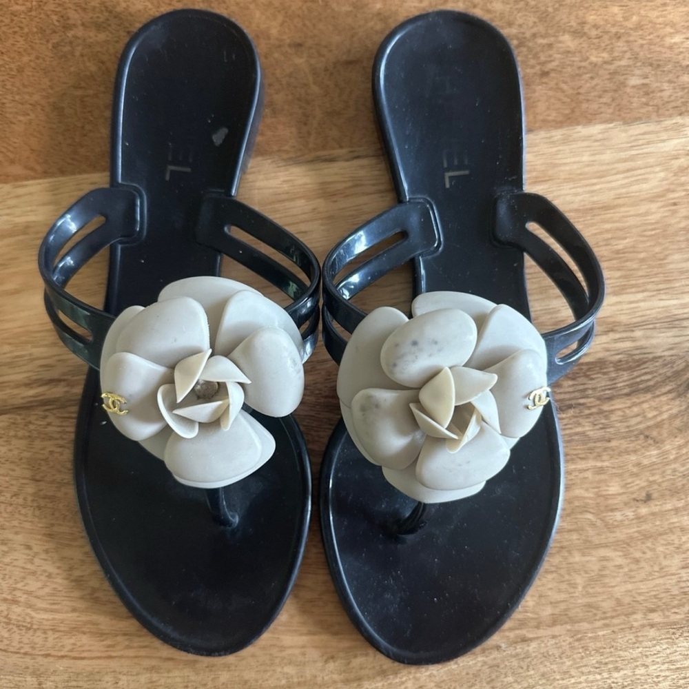 Chanel Black & Cream Floral Rubber Sandals